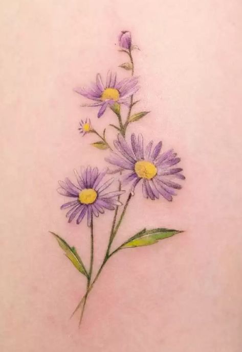 Larkspur Flower Tattoos, Aster Flower Tattoo, Best Feminine Tattoos, Aster Tattoo, Aster Flower Tattoos, Flower Foot Tattoo, Cousin Tattoos, Purple Tattoos, Tattoo For Boyfriend