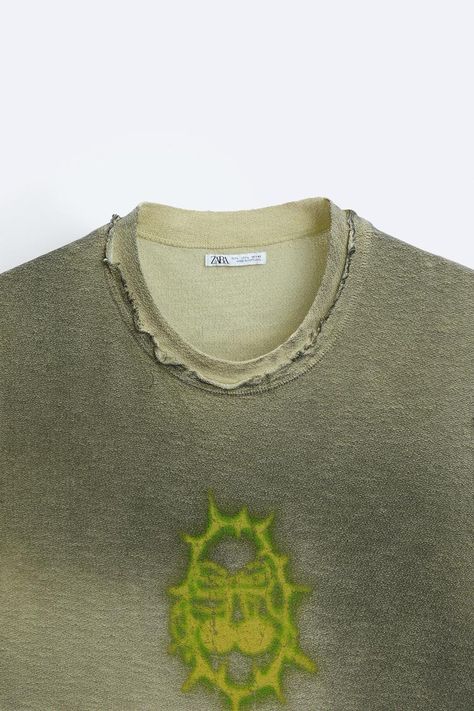 Relaxed fit T-shirt knit of cotton. Round neckline and sleeveless design. Front contrasting print. Irregular trim. - Yellow | ZARA United States Winter Reference, Tee Designs, Tshirt Pattern, Cut Tshirt, Sleeveless Tshirt, Zara United States, Tee Design, Fashion Details, Mens Tees