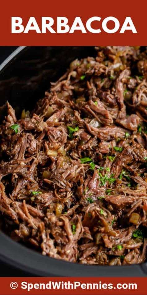 Barbacoa is a Mexican-inspired recipe that is full of chipotle flavor! Top with cheese, sour cream, and salsa for a fun twist on taco night! #spendwithpennies #barbacoa #recipe #maindish #slowcooker #best Best Barbacoa Recipe, Barbacoa Slow Cooker, Chicken Taquitos Baked, Chipotle Pepper Sauce, Beef Barbacoa, Slow Cooker Barbacoa, Barbacoa Recipe, Mexican Flavors, Creamy Chicken Enchiladas