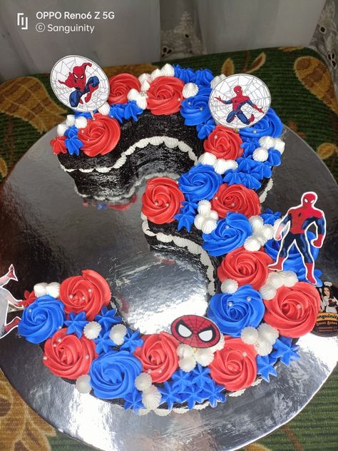 Number 3 Spiderman Cake, Spider Man Number Cake, Number 3 Cake For Boys, Red Number Cake, Number 3 Cupcake Cake, Spiderman Number Cake, Number Cake 3, Number Cake 1, Spiderman Birthday Party Food