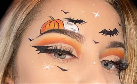 Pumpkin Themed Makeup, Halloween Eye Makeup For Work, Simple Pumpkin Makeup Halloween, Pumpkin Eye Makeup Halloween, Yellow Halloween Makeup, Halloween Makeup Eye Looks, Pumpkin Eyeshadow Looks, Pumpkin Makeup Ideas Easy, Cute Pumpkin Makeup Ideas