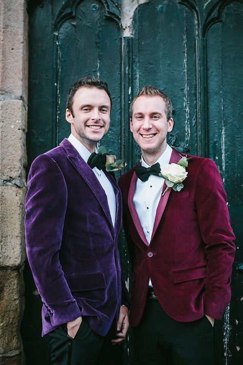 #rockmywinterwedding @Derek Smith My Wedding A Vivienne Westwood Floral Frock and Purple Velvet Jacket... Jewel Tone Wedding Tuxedo, Jewel Tone Tuxedo, Jewel Tone Groom, Jewel Tone Wedding Suit, Jewel Tone Groomsmen Attire, Pagan Marriage, Jewel Tone Wedding Colors, Purple Velvet Jacket, Colored Suits