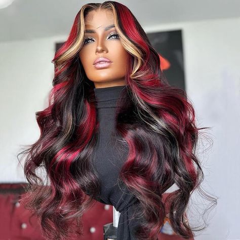 Blonde With Red Highlights, Red Blonde, Red Blonde Hair, Full Lace Front Wigs, Color Rubio, Blonde Highlight, Red To Blonde, Remy Hair Wigs, Blonde Lace Front Wigs