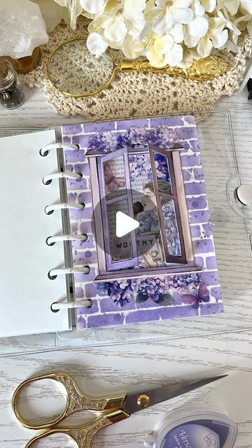 M.E and My Journal | ASMR Creative Journaling on Instagram: "A purple hydrangea window spread today 💜   Filming this art journal page took sooo long as there is building work that was very loud nearby so had to keep stopping and starting, and then my cat was purring loudly next to me which was lovely but not sure how that would go down with the asmr 😂 anyways we got it down and there’s something really magical about a window spread don’t you think?  Supplies:  - ringbound journal, girl sticker and hydrangeas from @lblyxir (use code ME10 for discount) - butterflies and words from @estarcaseshop (use code ME12 for discount) - ink by @tsukineko_official from @journalpages_addict - ink storage shelf by @zari.prints  - stencil by @tim_holtz  - blending brushes from @journalsayshop (use code M Coffee Ring, Holiday Scrapbook, Purple Hydrangea, Scrapbook Quotes, Hydrangea Purple, Bullet Journal Diy, Creative Journal, Vintage Journal, Journal Page