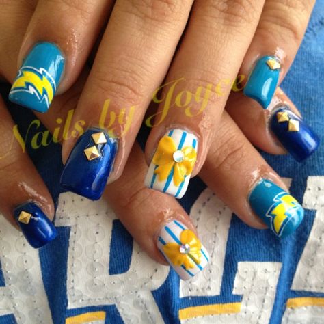 Chargers Nails! Awesome! Chargers Nails Football Season, Charger Nails, Chargers Nails, Chargers Football Shirts, Nails Football, Chargers Cheerleaders, La Chargers Logo, Chargers Jersey, Football Nail Art