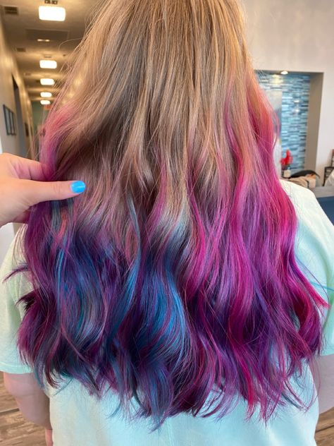 Blue pink and purple balayage Colorful Hair Balayage, Blue And Pink Highlights In Brown Hair, Pink And Blue Balayage, Blue And Pink Highlights In Black Hair, Blue To Pink Ombre Hair, Pink Blue And Purple Hair, Pink Blue Purple Hair, Pink Purple Blue Hair Highlights Dark Brown, Pink Purple Blue Hair