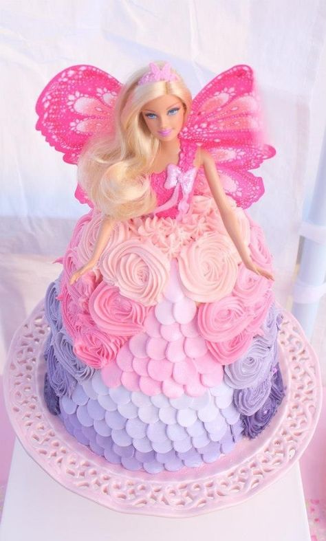 Barbie Dolly Varden Cake, Pink Fairy Birthday Cake, Pink And Purple Barbie Cake, Pink And Purple Barbie Party, Purple Barbie Birthday Party, Dolly Varden Cakes, Barbie Cake 5th Birthday, Unicorn Barbie Cake, Barbie Cookie Cake