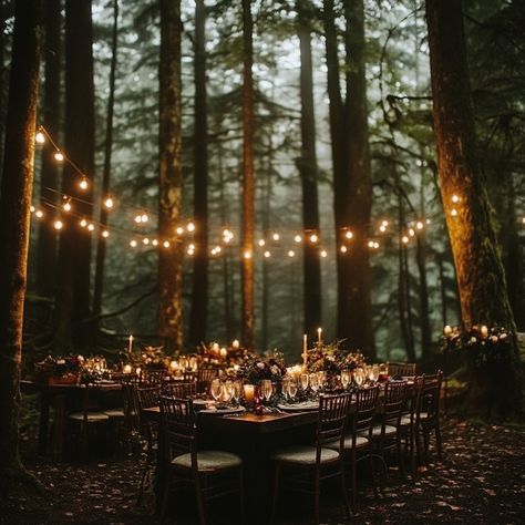 A moody forest wedding is the perfect blend of romance, mystery, and nature. With its dark hues, earthy tones, and enchanting woodland setting, this wedding theme creates a magical, intimate atmosphere. From candlelit ceremonies beneath towering trees to floral arrangements featuring rich, deep colors, every detail enhances the mystical charm of the forest. If you're seeking a wedding that feels both luxurious and grounded in nature, a moody forest wedding might be your perfect choice. Moody ... Simple Forest Wedding, Dark Forest Wedding, Moody Forest Wedding, Forest Wedding Ideas, Outdoorsy Wedding, Candlelit Ceremony, Dark Romantic Wedding, Gothic Wedding Theme, Earth Tone Wedding