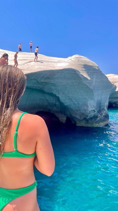 greece
cliff jumping
ocean
water
bikini
milos
mamma mia
euro summer
sarakiniko 
beach Milos Greece Aesthetic, Milos Itinerary, Plaka Milos Greece, Milo’s Greece, Milos Greece Beach, Abroad Travel, Milos Greece, Dream Trips, Holiday Inspo