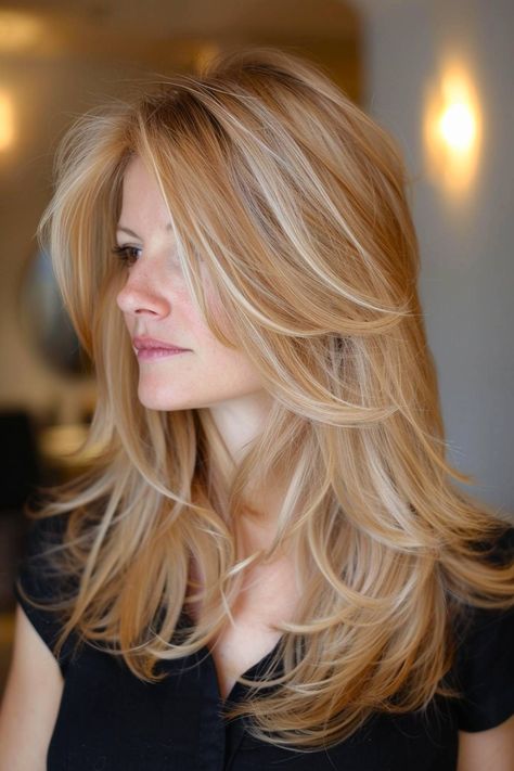 Blended Blonde Highlights, Long Feathered Layers, Blended Blonde, Feathered Layers, Long Face Shapes, Soft Blonde, Layered Cut, Blonde Tones, Icy Blonde