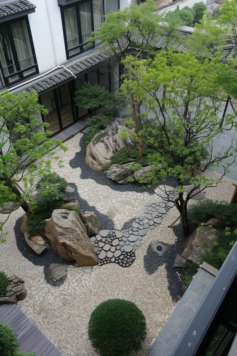 Image Karesansui Garden, Japanese Courtyard Garden, Zen Landscape, Courtyard Landscaping, Zen Garden Design, Japanese Zen Garden, Entrance Gates Design, Japan Garden, Japanese Zen