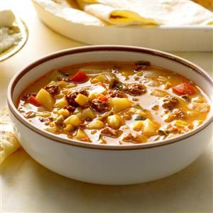 Mexican Chorizo and Corn Soup Recipe -This filling soup is great when you need to warm up on a blustery day! If you want a chowder consistency, use a potato masher to break down some of the spuds. —Laura Davis, Chincoteague Island, Virginia Posole Recipe, Pumpkin Sausage, Chorizo Soup, Corn Soup Recipes, Pizza Soup, Mexican Chorizo, Mexican Soup, Corn Soup, Winter Soups