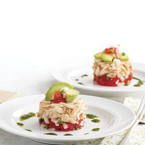 This tempting Crab Napoleon takes sweet, tender Louisiana crabmeat (it’s worth the splurge to get jumbo lump) and dresses it simply with citrus juices, fresh  pico de gallo, and a drizzle of luscious cilantro oil.  It’s a stunning start to any early summer gathering. Crab Napoleon Recipe, Cilantro Oil Recipe, Napoleons Recipe, Cilantro Oil, Creole Cooking, Lump Crab, Ham Soup, Louisiana Recipes, Crab Recipes