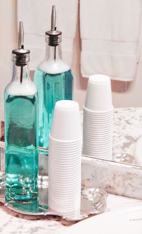 Put mouthwash in a container, with cups and on a cute tray for your bathroom sink. Genius. Bathroom Counter, Mouthwash, Guest Bathroom, Organizing Your Home, Design Living, Bathroom Organization, Diy Bathroom, Cheap Home Decor, Bathroom Makeover