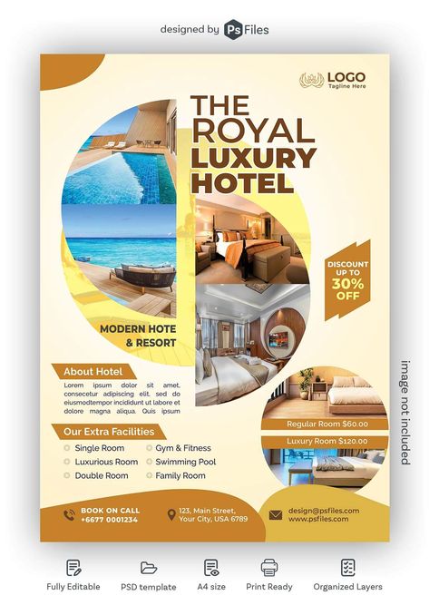 Luxury Hotel and Resorts Flyer Design Free PSD Template - PsFiles Hotel Flyers Graphic Design, Hotel Template Design, Hotel Flyer Design Inspiration, Luxury Hotel Graphic Design, Hotel Flyer Design, Hotel Poster Design, Hotel Graphic Design, Hotel Marketing Design, Luxury Template