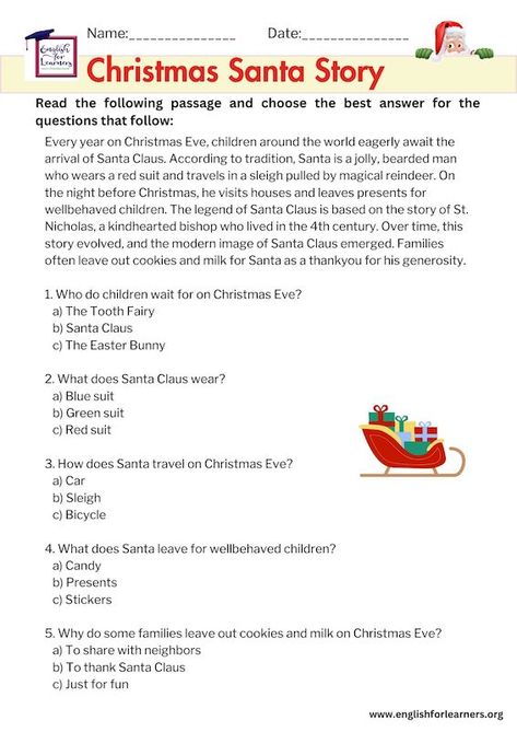 Short Christmas Stories For Kids, Holiday Reading Comprehension, Christmas Reading Comprehension, Christmas Stories For Kids, Santa Claus Story, Santa Story, Free Reading Comprehension Worksheets, Activities Director, Santa Reading