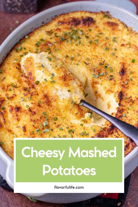 This cheesy mashed potatoes recipe is perfect for your holiday menu. These cheesy mashed potatoes are rich, garlicky, and easy to make. Serve them as baked mashed potatoes for one of the best mashed potato dishes. A crowd pleaser for Christmas side dishes and classic mashed potato recipes! Mashed Cheesy Potatoes, Mashed Potatoes For One, Cheesy Garlic Mashed Potatoes Recipe, Potatoes For One, Cheesy Baked Mashed Potatoes, Classic Mashed Potatoes Recipe, Cheesy Mashed Potatoes Recipe, Cheesy Garlic Mashed Potatoes, Pork Side Dishes