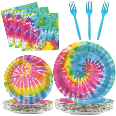 PRICES MAY VARY. 【What you will get】: You will receive 100 pieces Tie-Dye party paper dinner plates of 9’’, 25 pieces firefighter paper plates of 7’’, 25 pieces napkins of 6.5’’,25 plastic forks and for each set that can serve 25 guests. 【Premium Material】All of our Tie-Dye theme plates and napkins are made of quality paper, non-toxic, no smell, heat-resistant and durable. The pattern and color are well-printed and fade-resistant to provide you with a party full of Tie-Dye birthday theme atmosph Tie Dye Birthday Party Ideas, Tie Dye Paper, Party Plates And Napkins, Tie Dye Supplies, Dye Paper, Tie Dye Birthday Party, Tie Dye Birthday, Birthday Party Plates, Boys Birthday Party Decorations