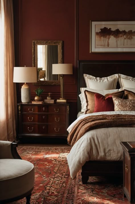 Colorful Bedroom Decor Ideas for 2025 - Small Home Decor Deep Color Bedroom Ideas, Dark Auburn Bedroom, Preference Red Farrow And Ball Bedroom, Dark Burgundy Bedroom Walls, Red Moody Bedroom, Dark Red Accent Wall Bedroom, Maroon Accent Wall Bedroom, Red Master Bedrooms Decor, Red Paint Bedroom