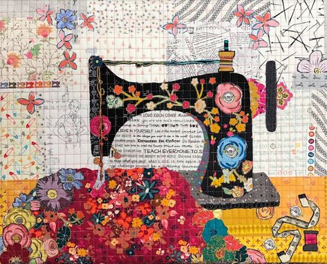 Teeny Tiny #5 Collage Kit Sewing Machine by Laura Heine Collage Fabric, Laura Heine, Collage Pattern, Sewing Machine Quilting, Collage Art Projects, Fabric Kit, How To Finish A Quilt, Wall Quilts, Sewing Studio