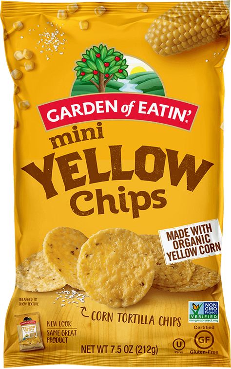 Made from organic golden yellow kernels, Garden of Eatin’ Mini Yellow Rounds Corn Tortilla Chips are crafted into the perfect bite-sized package and loaded with authentic corn taste. The only thing “mini” about these chips is their size. Cooked with expeller-pressed oils, our chips deliver the perfect combination of flavor and crunch to bring out … Continued Chips Packaging, Blue Corn Tortillas, Chip Packaging, Packaging Snack, Snack Packaging, Spices Packaging, Food Manufacturing, Corn Tortilla Chips, Corn Tortilla