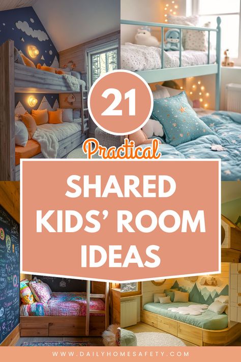 Discover 21 creative shared kids' room ideas to bring harmony and style to your little ones' space. From bunk beds to clever storage solutions, find inspiration for a functional and fun room layout. Small Shared Kids Room Ikea, Toddler Girl Shared Room Ideas, Two Loft Beds In One Room Corner, Small Bedroom Sharing Ideas, Bunk Bed Organization Ideas, Twin Girl Bedrooms Bunk Beds, Girls Bedroom Ideas Little Shared Bunk Beds, Small Shared Bedroom Sisters, Private Bunk Beds