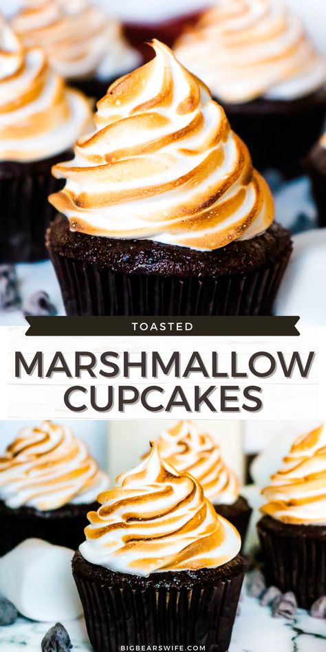 Campfire Cupcakes, Marshmallow Frosting Recipes, Homemade Chocolate Cupcakes, Marshmallow Cupcakes, Marshmallow Desserts, Campfire Marshmallows, Smores Cupcakes, Marshmallow Frosting, Canned Frosting