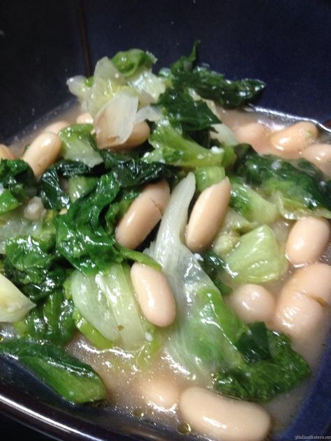 Escarole & Beans (Zuppa di Scarola e Fagioli) – 3 Italian Sisters Escarole And Beans, Escarole Recipes, Greens And Beans, Escarole Soup, Soup Base, Pasta Fagioli, Red Chile, Dried Beans, Time Of Day