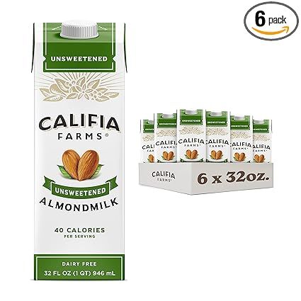 Amazon.com: Califia Farms - Unsweetened Almond Milk, 32 Oz (Pack of 6), Dairy Free, Vegan, Plant Based, Keto Food, Shelf Stable, Vegan, Gluten Free, Non GMO, Sugar Free, High Calcium, Smoothie : Grocery & Gourmet Food Califia Farms, Vegan Plant Based, Vanilla Almond Milk, Healthy Groceries, Favorite Dessert Recipes, Plant Based Milk, Nut Milk, Creamy Soup, Unsweetened Almond Milk