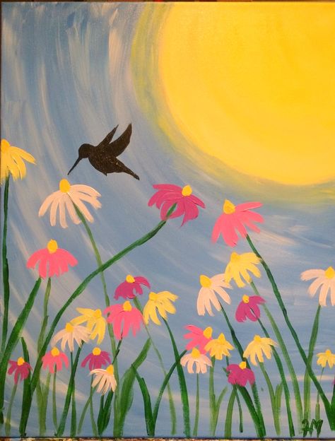 Time Painting Ideas, Hummingbird Painting, Summer Painting, Easy Canvas Painting, Time Painting, Spring Painting, 수채화 그림, Small Canvas Art, Simple Acrylic Paintings