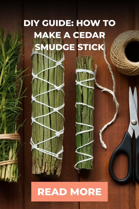 Cedar smudge sticks and crafting materials on a wooden surface with a DIY guide text. Cedar Bundles, Spirit Stick Ideas Diy, Lavender Smudge Sticks, Cedar Smudge Sticks, Smudge Sticks Diy, Lavender Smudge, Cedar Smudge, Spirit Sticks, Herbal Shop