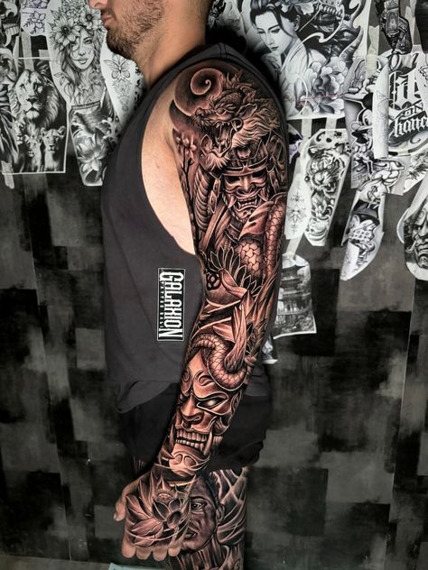 Japanese Mask Tattoo Sleeve, Hannya Mask Sleeve Tattoo, Full Sleeve Tattoos For Guys Japanese, Japanese Style Forearm Tattoo, Japanese Samurai Tattoo Sleeve For Men, Hannya Mask Sleeve, Samurai Leg Sleeve, Dragon Full Sleeve Tattoo Design, Samurai Arm Tattoo