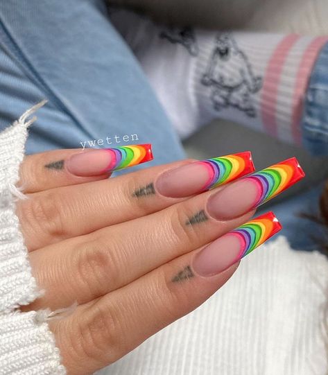 Pride Nail Designs Acrylic, Coffin Pride Nails, Pride Month Nail Ideas, Rainbow French Tip Nails Short, Rainbow Acrylic Nails Coffin, Pride Themed Nails, Nails Acrylic Pride, Pride Ally Nails, Long Rainbow Nails