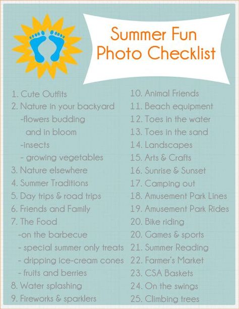 Summer Fun Photo Checklist 2013 from writeclickscrapbook Photo Checklist, Beach Equipment, Photo A Day Challenge, Photo Prompts, Summer Fun List, Photographs Ideas, Photography Challenge, Free Summer, Photo A Day