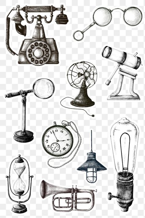 Vintage Objects Drawing, Aesthetic Objects Vintage, Vintage Things To Draw, Retro Drawings Vintage, Random Objects To Draw, Clock Outline, Random Objects Aesthetic, Retro Objects, Vintage Drawings