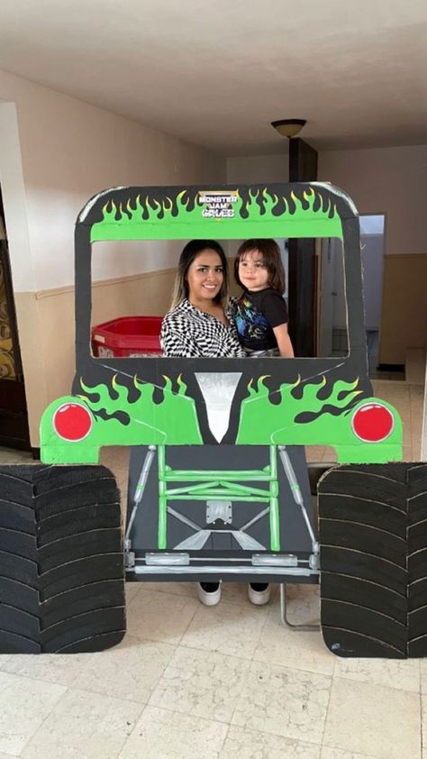 Diy Monster Truck Photo Prop, Diy Monster Truck Photo Booth, Monster Jam Games Birthday Party Ideas, Grave Digger Party Ideas, Monster Trucks Party Ideas, Monster Jam Birthday Food, Monster Jam Party Games, Monster Jam Party Decorations Diy, Monster Jam Trunk Or Treat