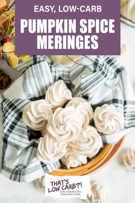 Low-carb Pumpkin Spice Meringues brings together the classic meringue cookies and warming fall flavors for a delicious holiday treat! Have your cookies and eat them too! #holidays #cookies #giftideas #meringe Meringues Recipe, Low Carb Holiday Recipes, Low Carb Holiday, Chocolate Wafer Cookies, Keto Cookie Recipes, Meringue Recipe, Fresh Fruit Recipes, Low Carb Treats, Low Carb Cookies