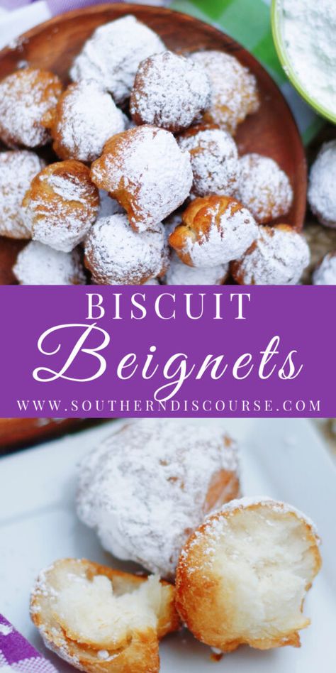 Easy Louisiana Biscuit Beignets - southern discourse Easy Beignets Recipe, Mardi Gras Beignets, Homemade Beignets Easy, Beignet Recipe Easy, Beignets Recipes, Easy Beignet Recipe, Beignets Recipe Easy, Biscuit Beignets, Easy Beignets