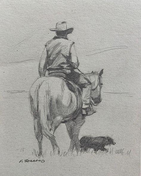 Cowboy Sketches Pencil, Western Art Sketches, Cowboy And Horse Drawing, Rdr Drawing, Western Pencil Drawings, Cowboy Art Drawing, Cowgirl Sketch, Western Art Drawings, Cowboy Drawings