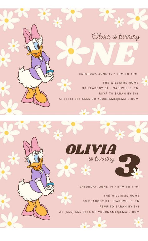 Retro Daisy Duck Birthday Invitations Daisy Duck Birthday Invitations, Daisy Duck Birthday Party Ideas, Duck Birthday Invitations, Daisy Duck Birthday Party, Daisy Duck Birthday, Duck Birthday Theme, Daisy Duck Party, Duck Birthday Party, Minnie Y Daisy