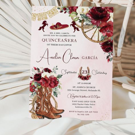 Red Burgundy Floral Charro Western Quinceanera  Invitation - tap/click to personalize and buy #Invitation #charro #quincea&241;era #invitation #cards, #red Red Quinceanera Theme, Happy Birthday Invitation Card, Quinceañera Invitation, Quinceañera Ideas, Lollipop Party, Quince Invitations, Dream Things, Quinceanera Invitation, Sweet Sixteen Invitations