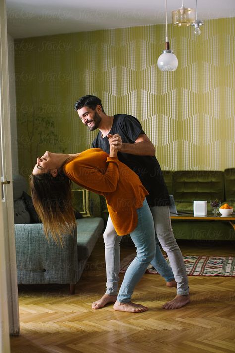 Dancing Photos Couple, Couple Dancing In Living Room, Couples Have Fun, Couple Dancing In Apartment, Date Night Idea Jar, Funny Pre Wedding Photoshoot, Couple Slow Dancing, Apartment Photoshoot, Two People Dancing