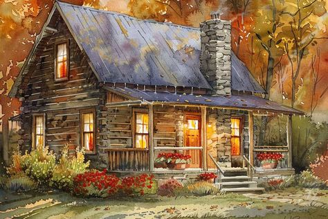 Watercolor painting of a rustic log cabin at dusk, with warm lights glowing from windows and autumn leaves scattered around, set against a forest backdrop. Log Cabin Painting, Modern Homemaking, Cabin Painting, Cottage Drawing, Design Your House, House Portrait Painting, Rustic Houses, Forest Backdrop, Rustic Log Cabin