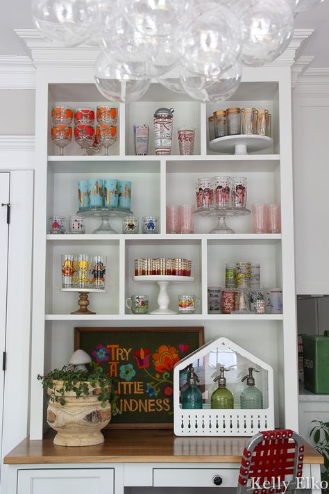 Vintage Drinking Glass Collection - Kelly Elko Glass Collection Display Ideas, Glass Cup Display, Vintage Barware Display, Kitchen Collection Display, Displaying Vintage Glassware, Vintage Collection Display Ideas, Vintage Glass Collection, Glassware Display Ideas, Glass Display Ideas