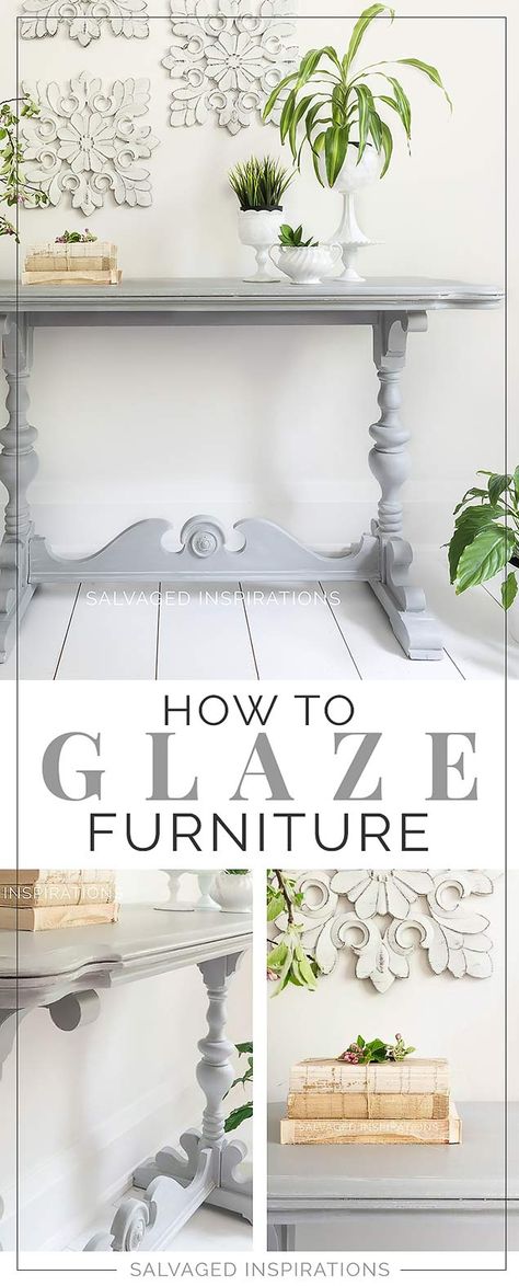 How To Glaze Furniture | Salvaged Console Table Makeover - Salvaged Inspirations Console Table Makeover, Glaze Furniture, Refurbished Furniture Diy, Glazing Furniture, Salvaged Inspirations, Furniture Painting Tips, Vintage Console Table, Table Makeover, Diy Furniture Table