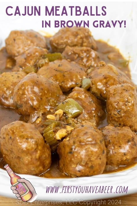 Comfort food from the Bayou...Cajun Meatballs in Brown Gravy. Rice and Gravy is a food group in South Louisiana, and this simple recipe is Rice and Gravy on steroids. Tender and juicy Cajun Meatballs simmered in a rich, roux-based gravy made with the Trinity, white wine, rich stock, and traditional South Louisiana seasonings. This perfect Cajun family meal is simple and heart-warming like comfort food should be. Beef Creole Recipe, Cajun Meatballs And Gravy, Traditional Recipes Grandmothers, Louisiana Recipes Dinners, Smothered Meatballs Gravy, Cajun Meatball Stew, Cajun Rice And Gravy, Cajun Ground Beef Recipes, Cajun Food Ideas