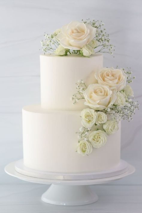 White Wedding Cake With Roses, White On White Cake, Butter Cream Wedding Cake, Wedding Cake Two Tier, Cake Shop Design, Smooth Buttercream, 2 Tier Wedding Cakes, Cream Wedding Cakes, Chocolate Decadence