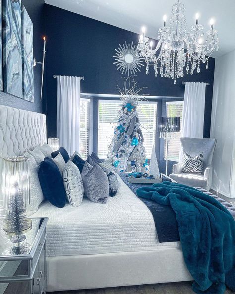 @wendywittwerdesign shared a photo on Instagram: “Happy Saturday My Friends! Today I am featuring new views of my Christmas Master Bedroom! Please swipe to the left to see more photos in…” • Dec 11, 2021 at 3:50pm UTC Royal Blue Bedroom Decor Ideas, Royal Blue And White Bedroom Ideas, Silver And Blue Bedroom Ideas, Dark Blue Master Bedrooms Decor, Royal Blue Room Ideas Bedroom, Blue Bedroom Ideas For Women, Blue And Silver Bedroom Ideas, Royal Blue Bedroom Ideas, Grey And Blue Bedroom