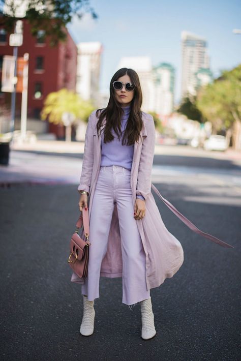 ASOS Lilac Trench Coat + ASOS Lavender Turtleneck + Lilac Wide Leg Pants +Dolce Vita White Boots + JW Anderson Pink Handbag + Jimmy Choo Sunglasses - It's Pastel Season, Officially via Blank Itinerary // Fashion Blogger, Style Blogger, Women's Fashion, Pastel Outfit, Spring Outfit Idea, 2018 Fashion Trends, 2018 Spring Fashion Lavender Turtleneck, Lilac Pants, 2018 Fashion Trends, Lavender Outfit, Spring Outfit Idea, Pink Handbag, Pastel Outfit, Women Fashion Edgy, Jimmy Choo Sunglasses