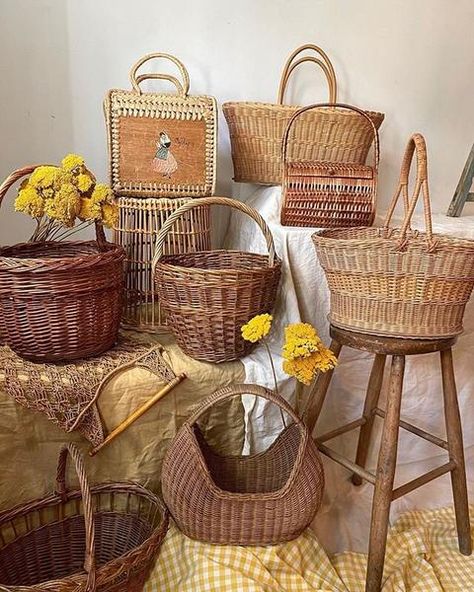 Farmhouse decor style with vintage baskets found at flea markets by Straw London Straw London, Artisan Style Basket-shaped Straw Bag, Vintage Woven Basket Bag, Handmade Basket-shaped Rattan Straw Bag, Car Boot Sale, Vintage Handwoven Basket Bag, Wicker Picnic Basket Vintage, Bathroom Basket Storage, Weaving Inspiration